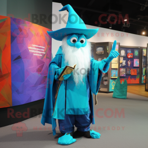 Cyan Wizard mascot costume character dressed with a A-Line Dress and Pocket squares