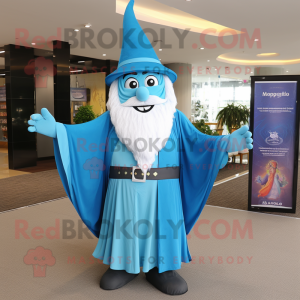 Cyan Wizard mascot costume character dressed with a A-Line Dress and Pocket squares