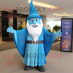 Cyan Wizard mascot costume character dressed with a A-Line Dress and Pocket squares