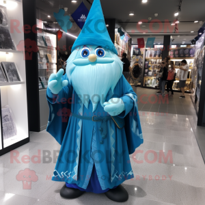 Cyan Wizard mascot costume character dressed with a A-Line Dress and Pocket squares