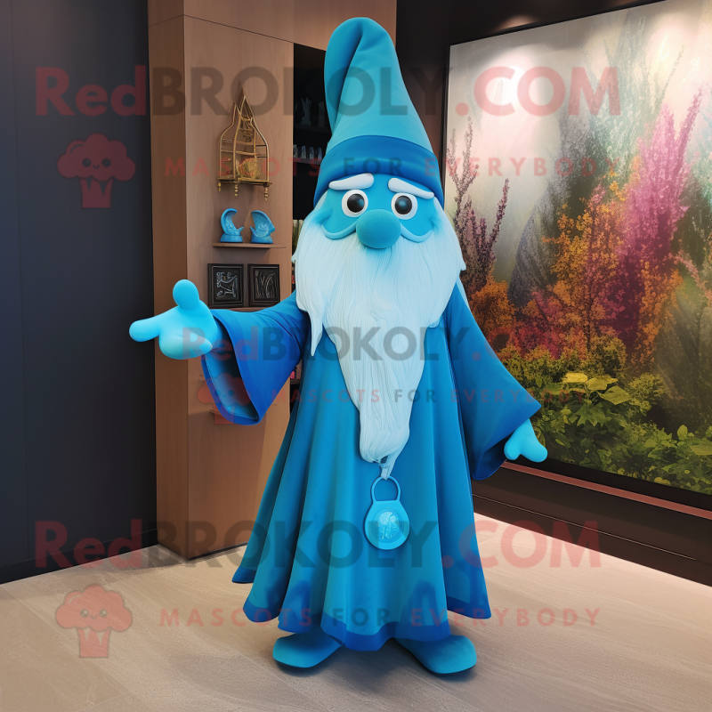 Cyan Wizard mascot costume character dressed with a A-Line Dress and Pocket squares