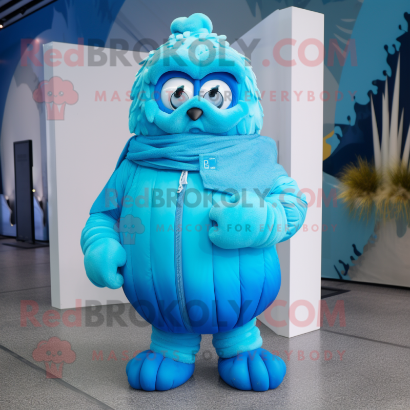 Cyan Ice mascot costume character dressed with a Parka and Scarf clips