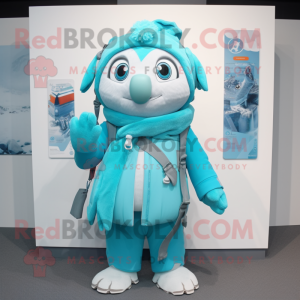 Cyan Ice mascot costume character dressed with a Parka and Scarf clips