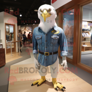 White Bald Eagle mascot costume character dressed with a Denim Shirt and Shoe clips