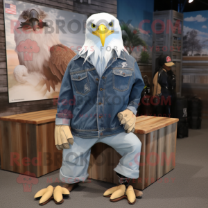 White Bald Eagle mascot costume character dressed with a Denim Shirt and Shoe clips