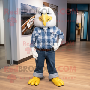 White Bald Eagle mascot costume character dressed with a Denim Shirt and Shoe clips