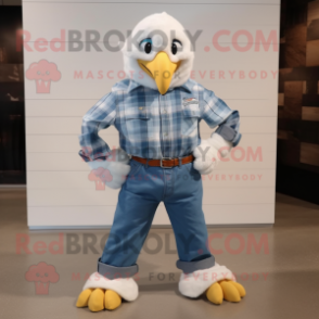 White Bald Eagle mascot costume character dressed with a Denim Shirt and Shoe clips