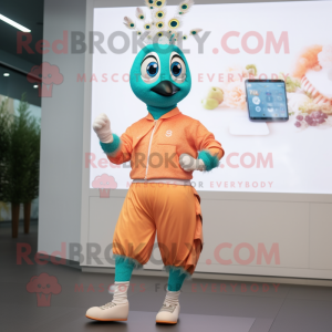 Peach Peacock mascot costume character dressed with a Joggers and Smartwatches