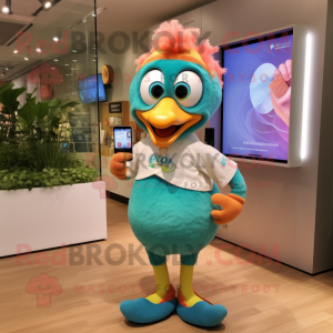 Peach Peacock mascot costume character dressed with a Joggers and Smartwatches
