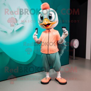 Peach Peacock mascot costume character dressed with a Joggers and Smartwatches