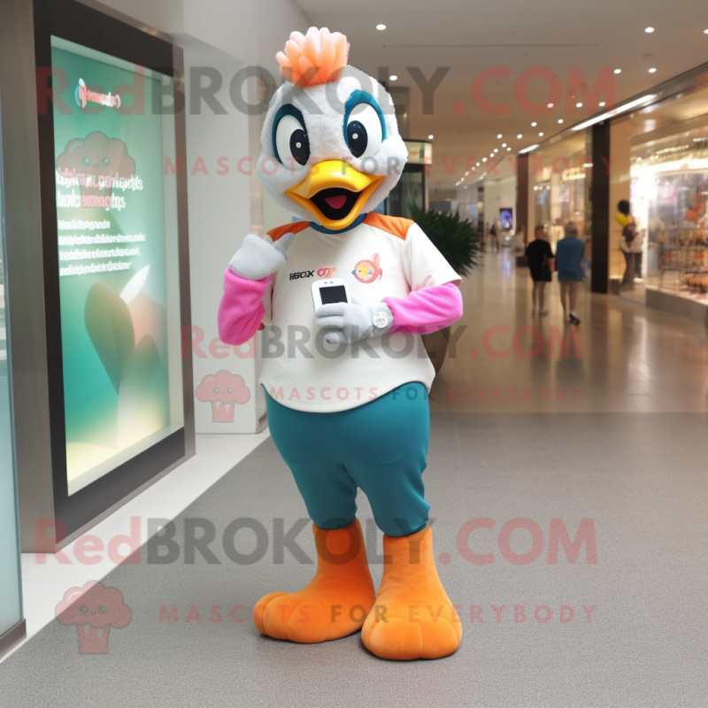 Peach Peacock mascot costume character dressed with a Joggers and Smartwatches Peach Peacock mascot costume character dressed with a Joggers and Smartwatches