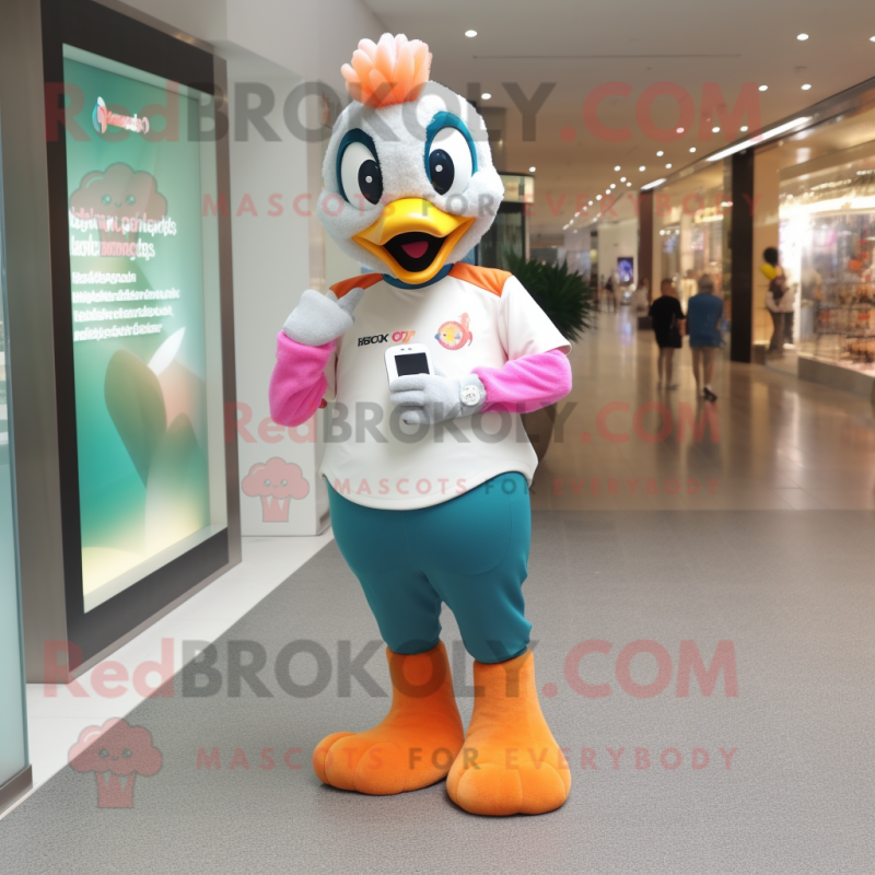 Peach Peacock mascot costume character dressed with a Joggers and Smartwatches