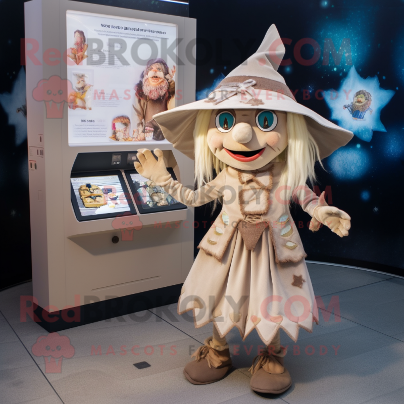 Beige Witch mascot costume character dressed with a Playsuit and Coin purses Beige Witch mascot costume character dressed with a Playsuit and Coin purses