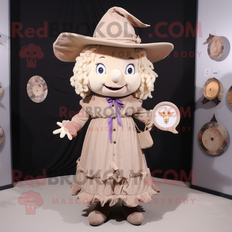 Beige Witch mascot costume character dressed with a Playsuit and Coin purses