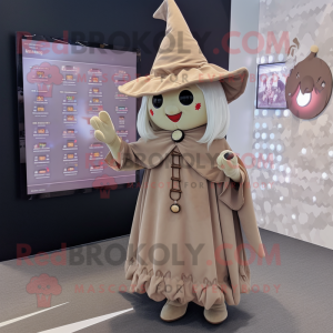 Beige Witch mascot costume character dressed with a Playsuit and Coin purses