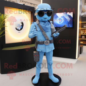 Sky Blue Sniper mascot costume character dressed with a Suit Pants and Digital watches