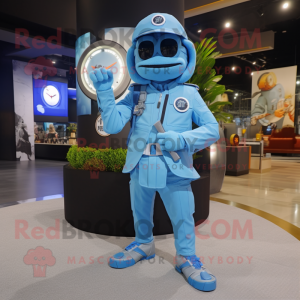 Sky Blue Sniper mascot costume character dressed with a Suit Pants and Digital watches