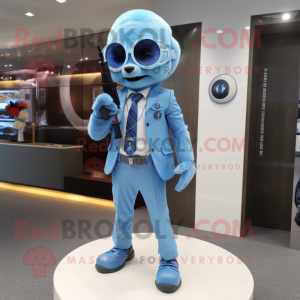 Sky Blue Sniper mascot costume character dressed with a Suit Pants and Digital watches