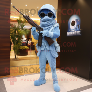 Sky Blue Sniper mascot costume character dressed with a Suit Pants and Digital watches