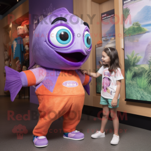 Purple Salmon mascot costume character dressed with a Playsuit and Watches