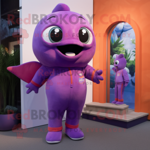 Purple Salmon mascot costume character dressed with a Playsuit and Watches