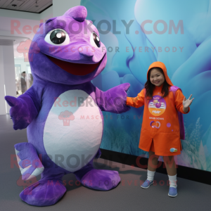 Purple Salmon mascot costume character dressed with a Playsuit and Watches
