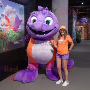 Purple Salmon mascot costume character dressed with a Playsuit and Watches