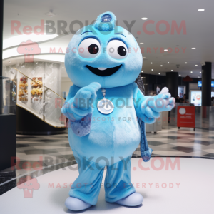 Sky Blue Ice mascot costume character dressed with a Jumpsuit and Coin purses