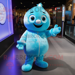 Sky Blue Ice mascot costume character dressed with a Jumpsuit and Coin purses
