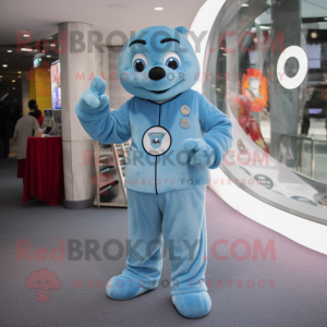 Sky Blue Ice mascot costume character dressed with a Jumpsuit and Coin purses