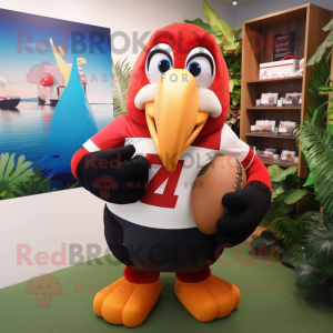 Red Toucan mascot costume character dressed with a Rugby Shirt and Backpacks