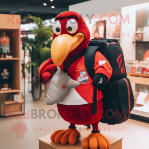 Red Toucan mascot costume character dressed with a Rugby Shirt and Backpacks
