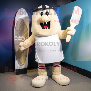 Cream Knife Thrower mascot costume character dressed with a Board Shorts and Cummerbunds