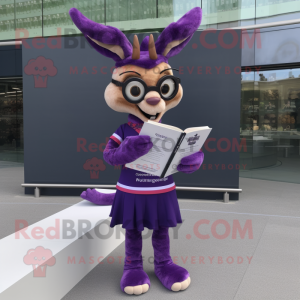 Purple Gazelle mascot costume character dressed with a Mini Skirt and Reading glasses