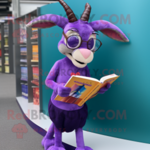 Purple Gazelle mascot costume character dressed with a Mini Skirt and Reading glasses