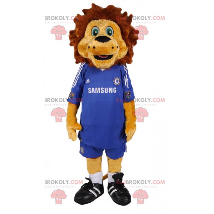 Mascote leão com roupa de futebol azul. Fantasia de leão -