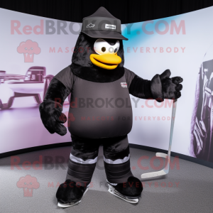Black Ice Hockey Stick mascot costume character dressed with a Bodysuit and Hats