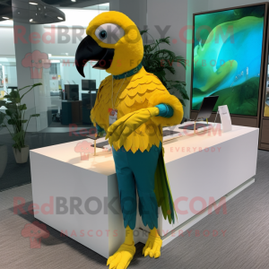Lemon Yellow Macaw mascot costume character dressed with a Leggings and Bracelet watches