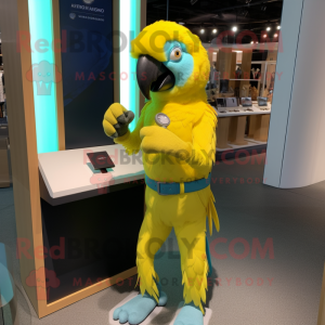 Lemon Yellow Macaw mascot costume character dressed with a Leggings and Bracelet watches