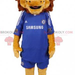 Maskot lva v modrém fotbalovém oblečení. Lev kostým -