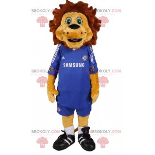 Lion mascot in blue football outfit. Lion costume -