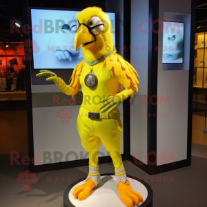 Lemon Yellow Macaw mascot costume character dressed with a Leggings and Bracelet watches