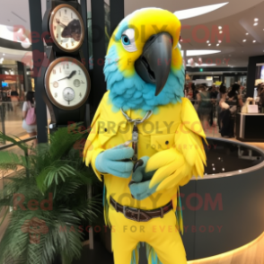 Lemon Yellow Macaw mascot costume character dressed with a Leggings and Bracelet watches