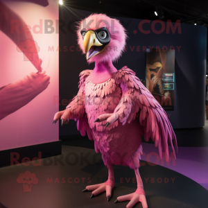 Pink Vulture mascot costume character dressed with a Evening Gown and Hair clips