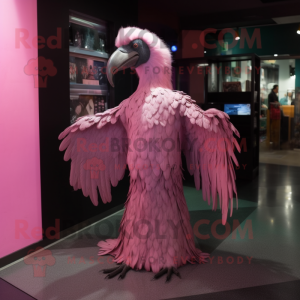 Pink Vulture mascot costume character dressed with a Evening Gown and Hair clips