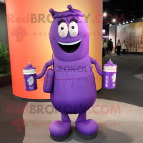 Purple Scented Candle mascot costume character dressed with a Midi Dress and Backpacks