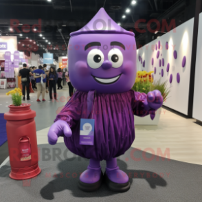 Purple Scented Candle mascot costume character dressed with a Midi Dress and Backpacks