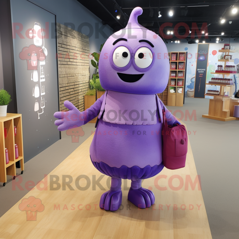 Purple Scented Candle mascot costume character dressed with a Midi Dress and Backpacks Purple Scented Candle mascot costume character dressed with a Midi Dress and Backpacks