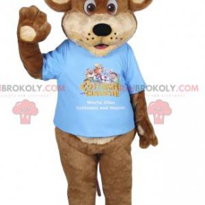 Braunbärenmaskottchen mit einem blauen T-Shirt. Bärenkostüm -