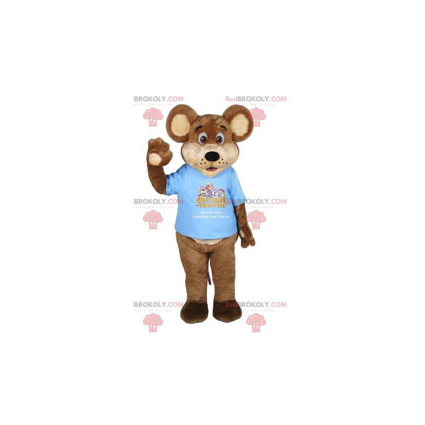 Mascotte d'ours brun avec un t-shirt bleu. Costume d'ours -